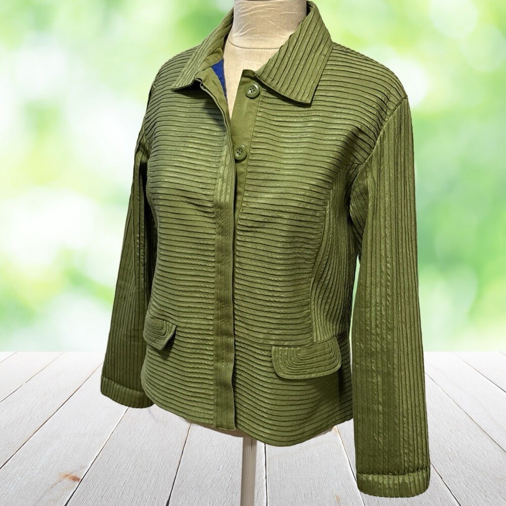 Vtg CHICOS Jacket Ribbon Applique Textured Artsy Career Olive Green Size 2 (L)